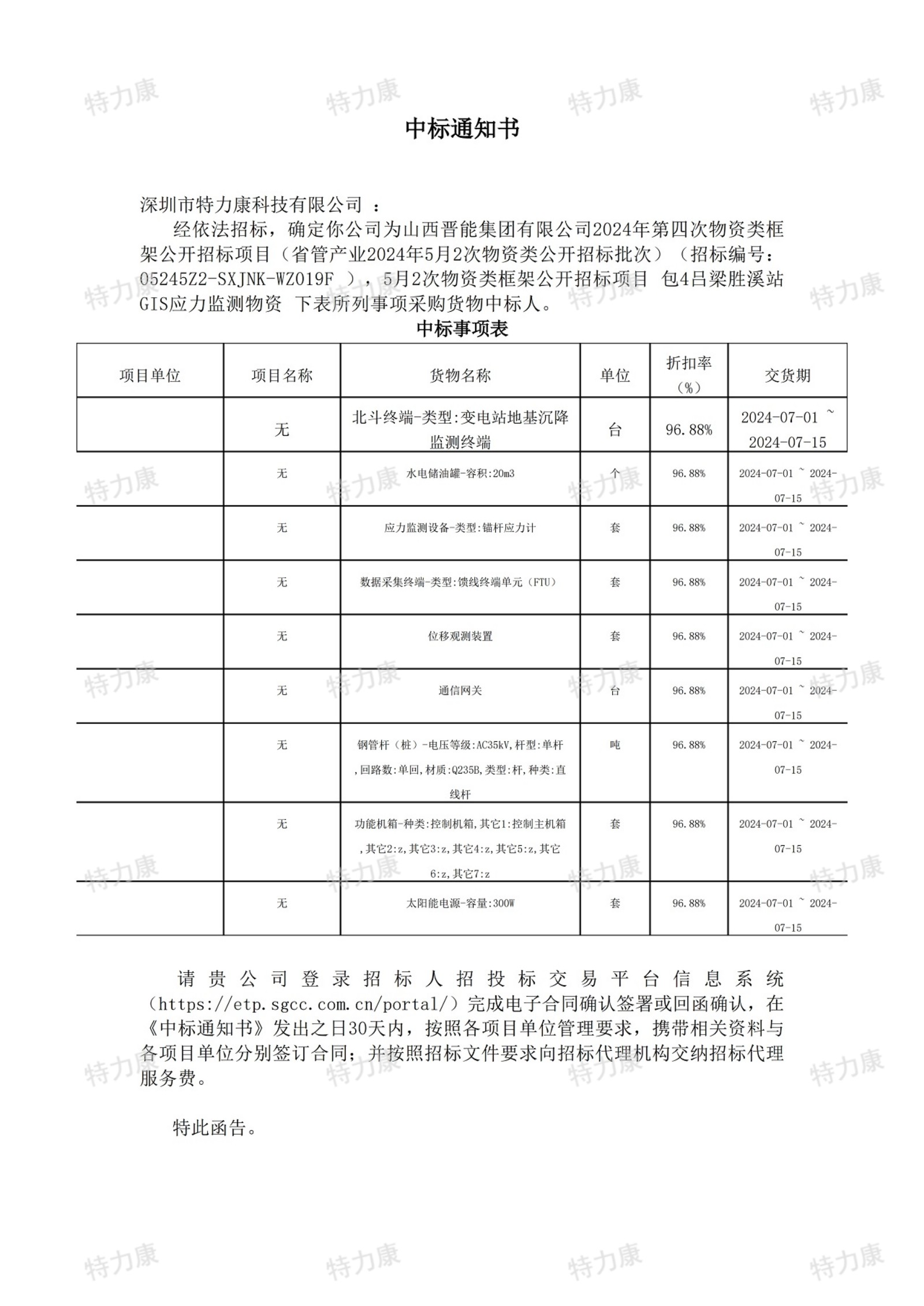 深圳市特力康科技有限公司中標(biāo)山西晉能集團(tuán) 2024 年第四次物資類框架公開招標(biāo)項(xiàng)目